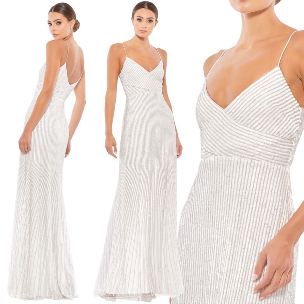 NWT Mac Duggal Sequin Spaghetti Strap Gown Style 10817 in Pearl Size 4 Sold Out